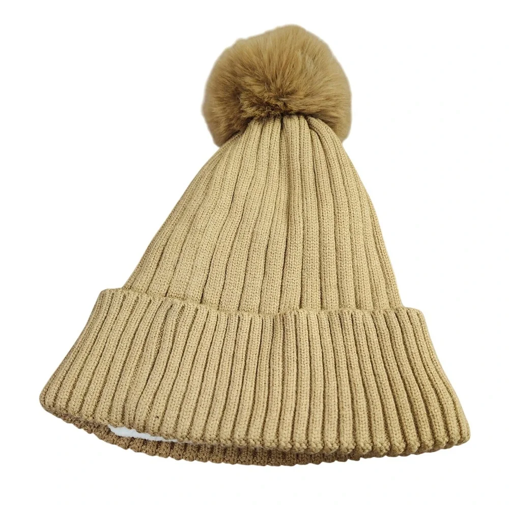 Michael Kors Faux Fur fleece-lined Pom Beanie Hat Winter Knit Cap Gold Logo Warm